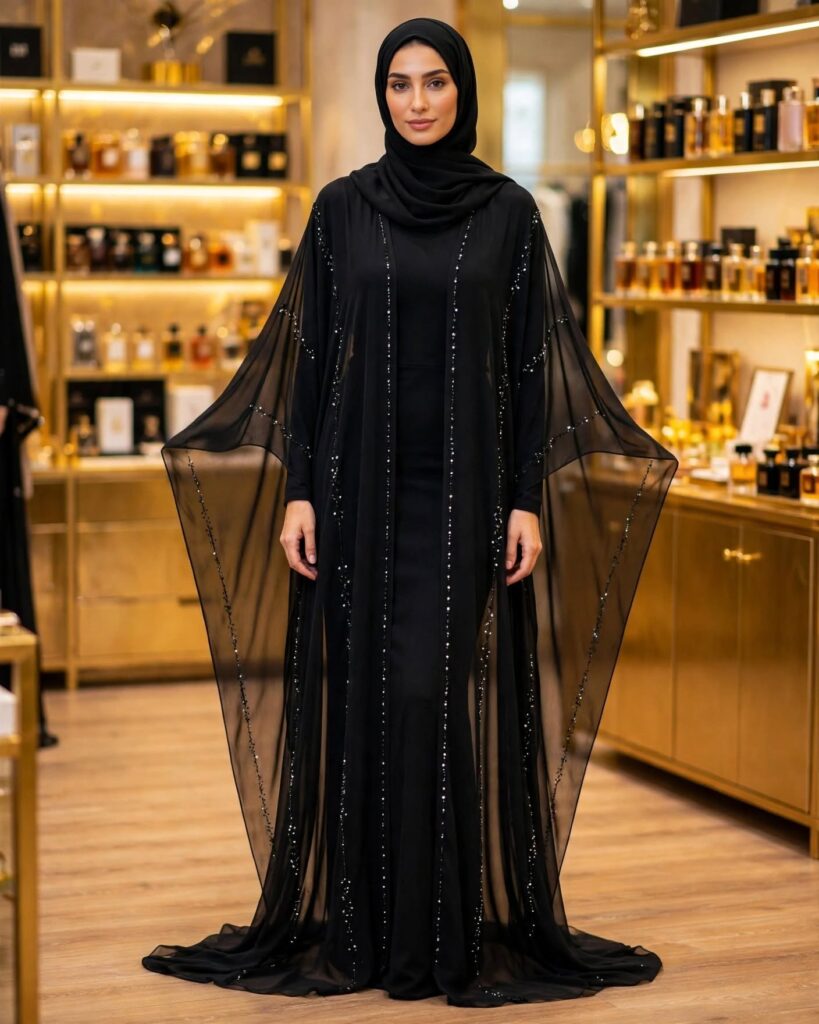 Midnight Elegance Embellished Sheer Abaya & Inner Slip Set - Photo 1
