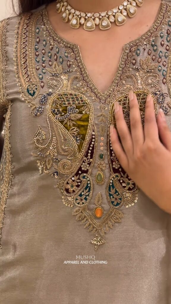 Taupe Silk Embellished Kurta Set – Available in Taupe & Multicoloured Collection - Photo 4