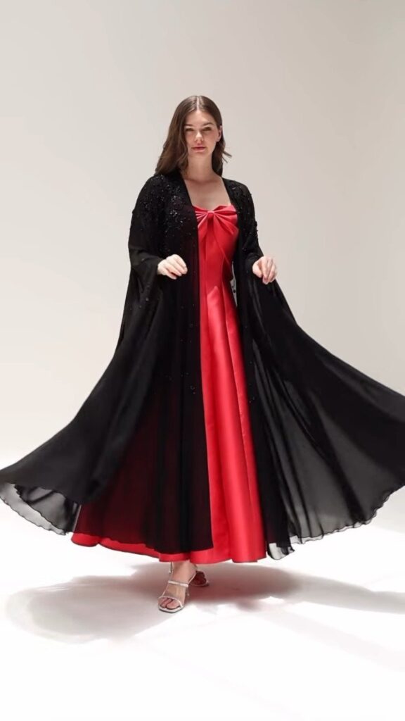 Crimson Satin Bow Maxi with Embellished Black Chiffon Shrug – Available in Red & Black Set - Photo 1