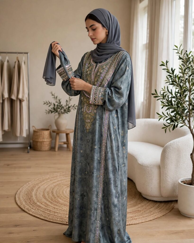 Sage Grey Embellished Floral Kaftan Maxi Dress - Photo 1