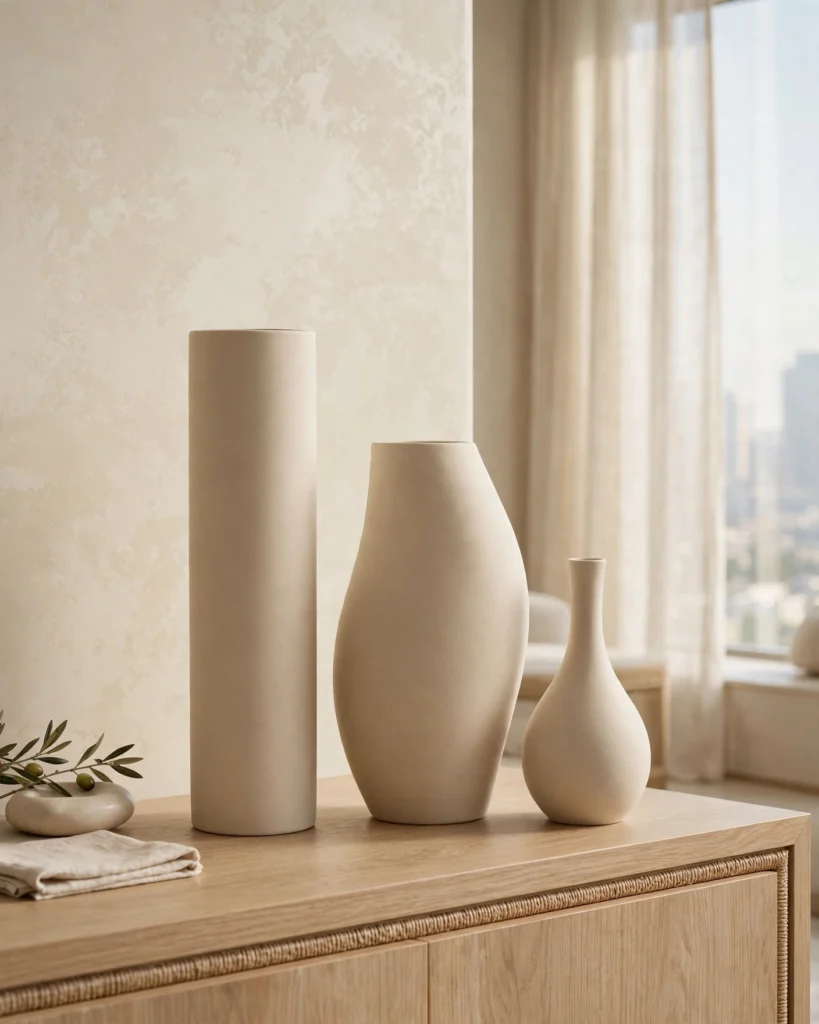 EarthForm Minimal Ceramic Vase Set of 3 - Matte Beige Modern Decorative Vases - Photo 1